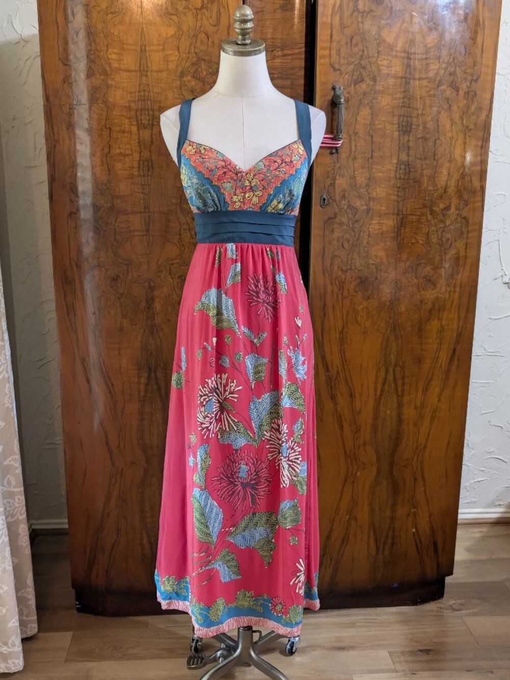 Anthropologie Edme & Esyllte Silk Equinox Calling Maxi Dress 2 Teal Floral Boho